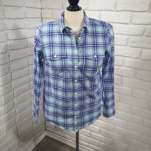 St John's Bay Ladies Size Medium Blue & Teal Plaid Button Front & Cuffs Shirt